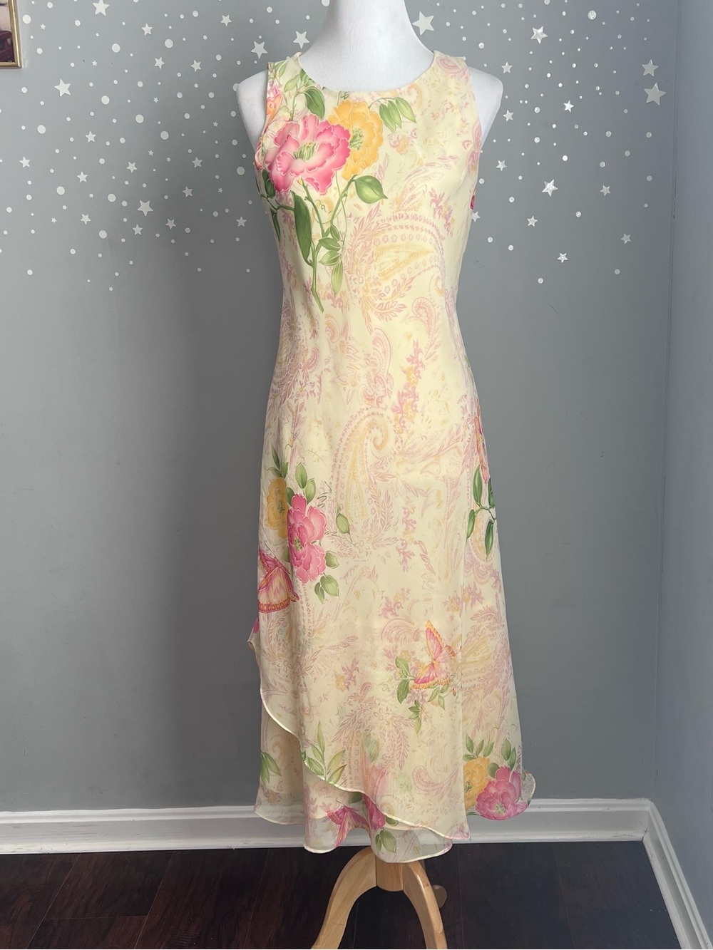 Studio I Butterfly Floral Paisley Midi Dress Yellow Pink Y2K Fairycore Size 8